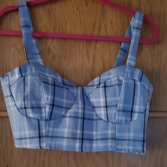 CROP BRA TOP BY HESPERUS SIZE LARGE PLAID BLUE VERY SEXY AND STYLISH 💙 NWOT - Picture 1 of 7